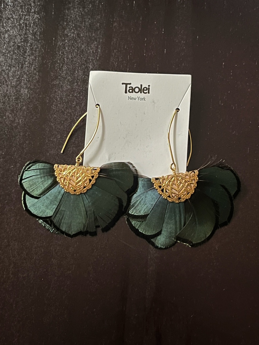 Taolei New York Green and Gold Feather Earrings